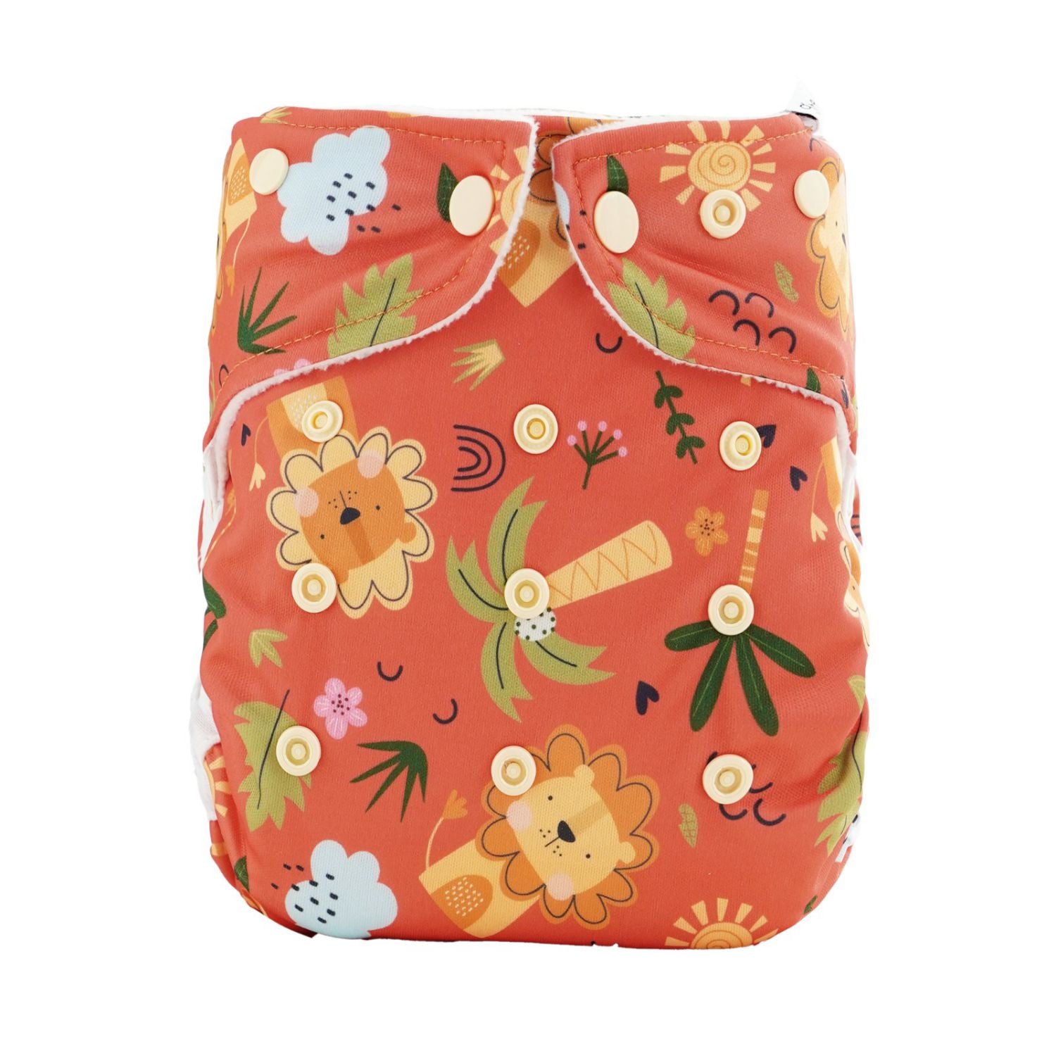 Avo&Cado mitwachsende Stoffwindel-Überhose Cosy Löwen aus PUL mit hellen Snaps zur Größenanpassung.
