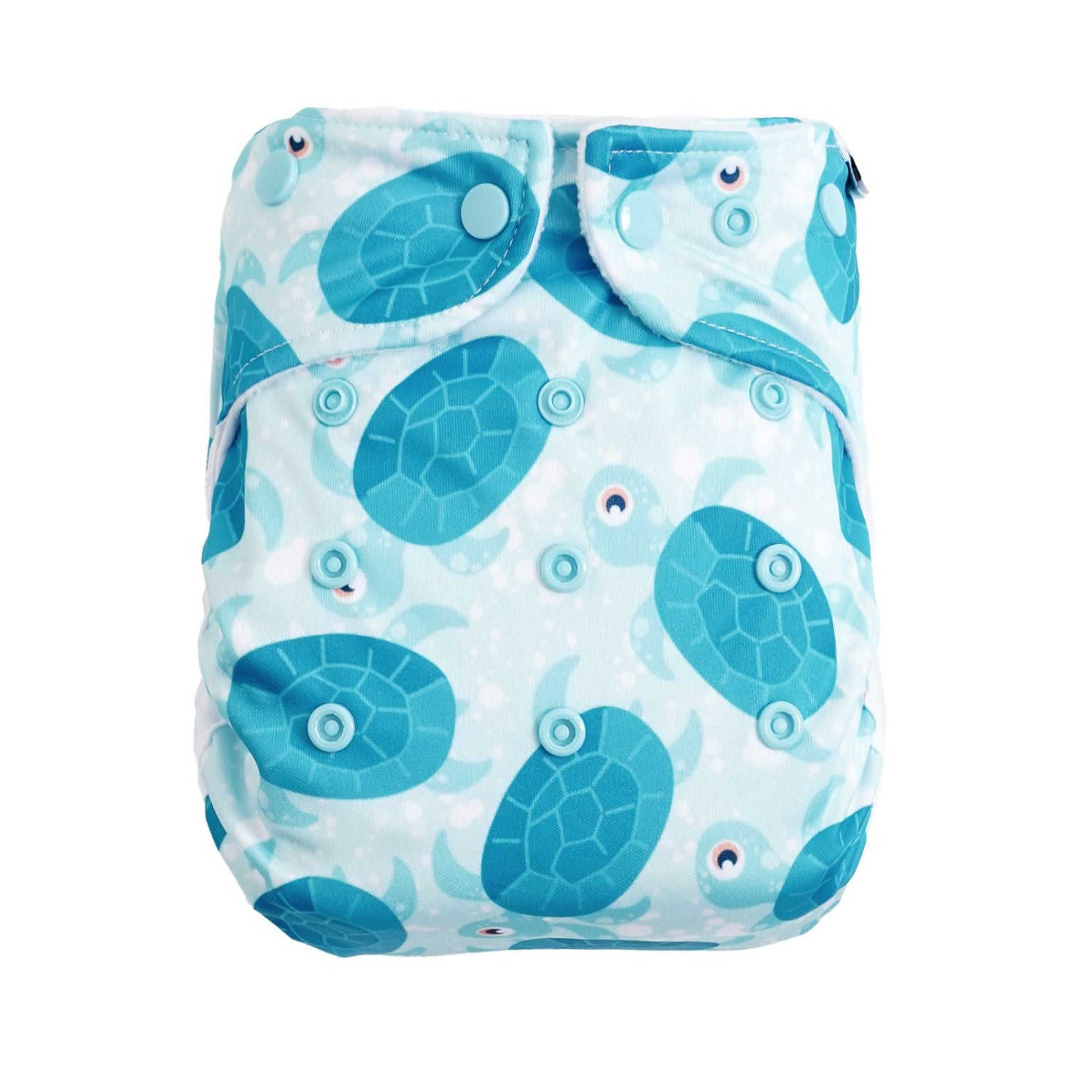 Avo&Cado Cosy PUL-Überhose OneSize im Design Schildkröten mit hellblauen Druckknöpfen und weichem Fleecerand.