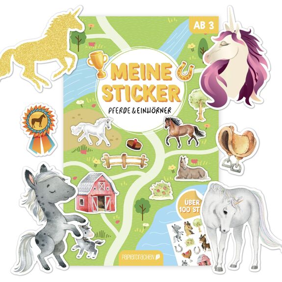 Papierdrachen Stickerblock 6 Bögen Pferde & Einhörner
