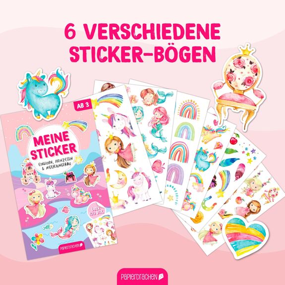 Papierdrachen Stickerblock 6 Bögen Einhorn, Prinzessin & Meerjungfrau