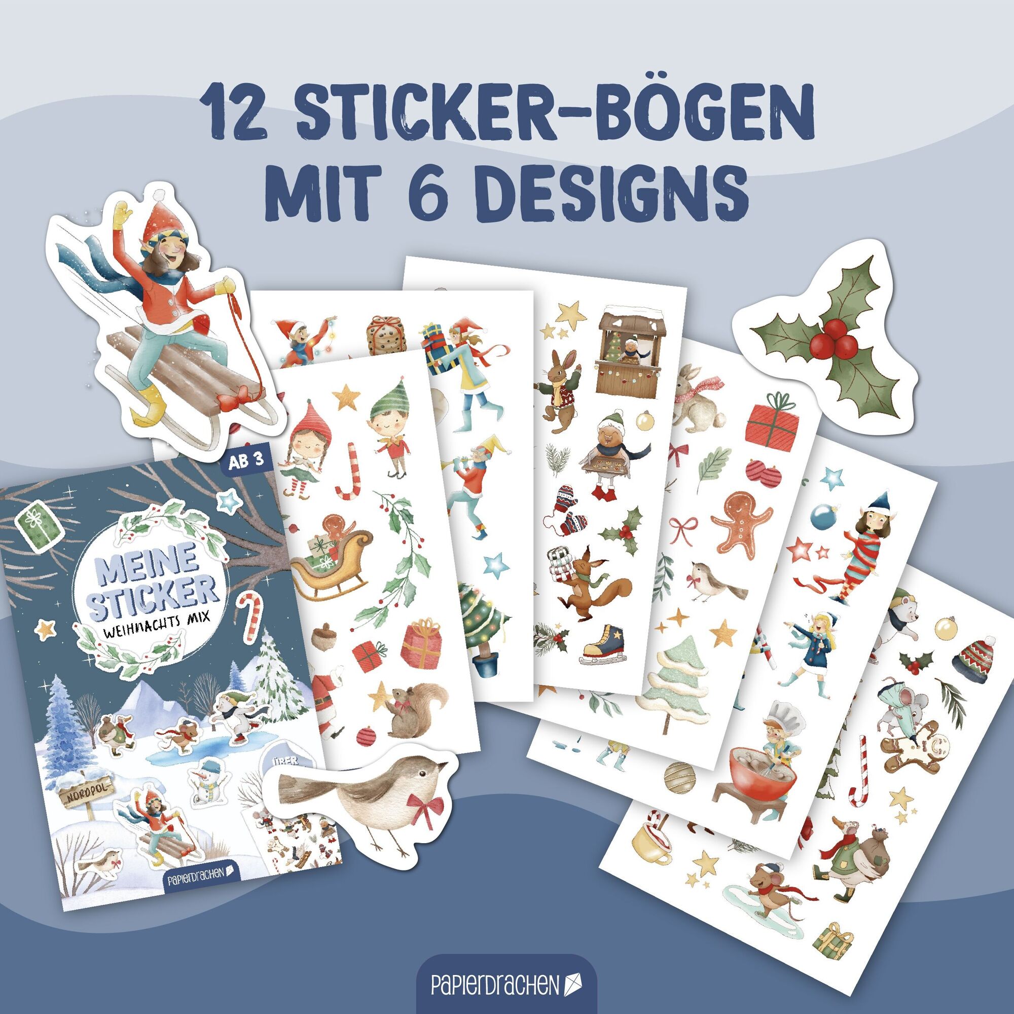 Papierdrachen Stickerblock 6 Bögen Weihnachten