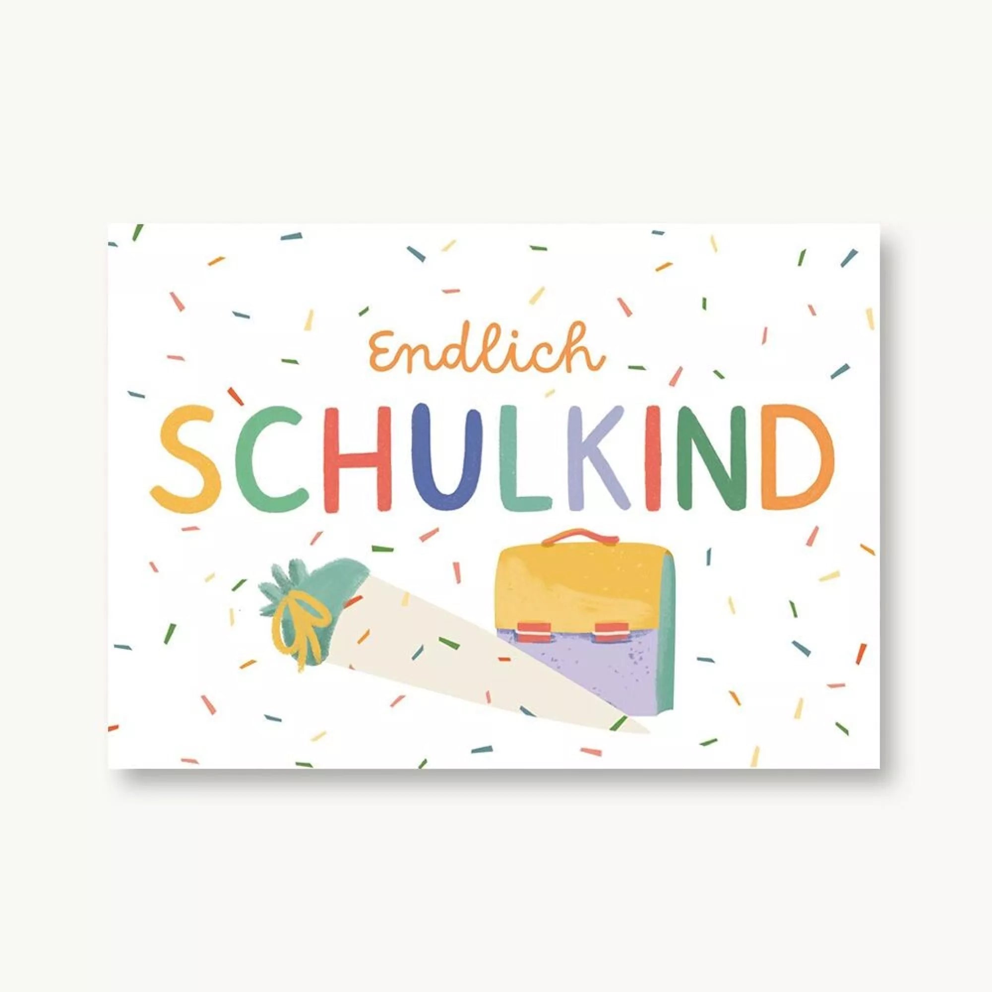 Vierundfünfzig Illustration Postkarte Endlich Schulkind Schultüte Konfetti