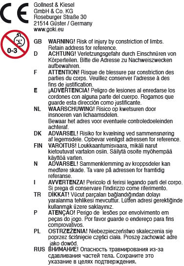 Warnhinweis - Achtung! Verletzungsgefahr durch Einschnüren von Körperteilen. Bitte die Adresse zu Nachweiszwecken aufbewahren.