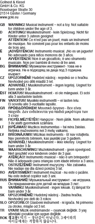 Warnhinweis - ACHTUNG - Musikinstrument - kein Spielzeug. Nicht für Kinder unter 3 Jahren geeignet.