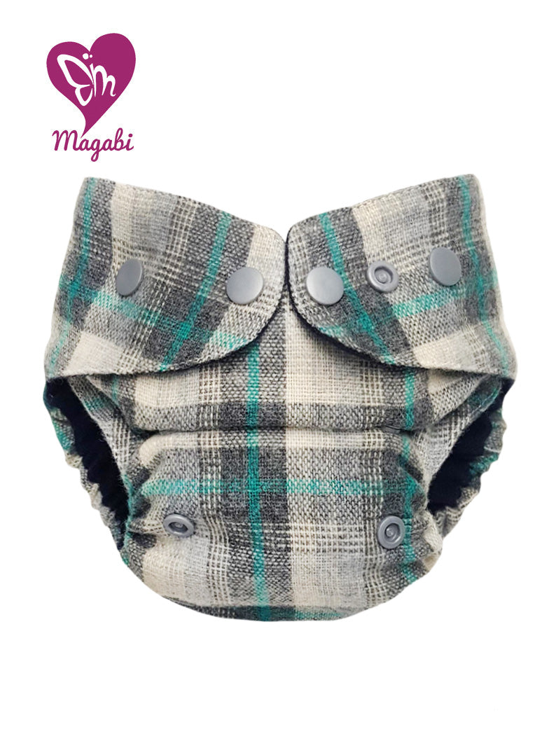 Magabi Wollüberhose kariert grau-weiß-türkis OneSize+