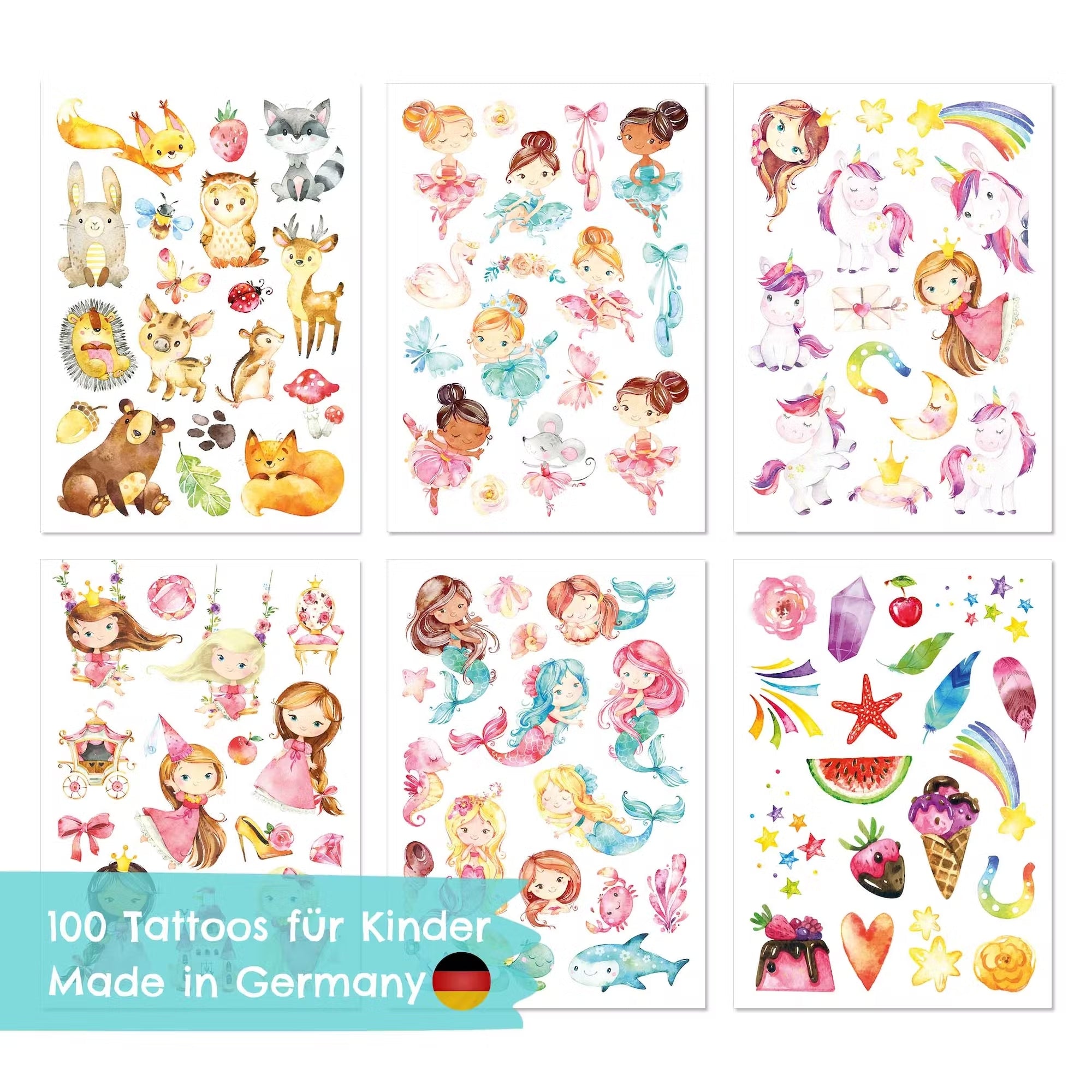 Papierdrachen 100 Kindertattoos Prinzessinnen, Waldtiere und Einhörner
