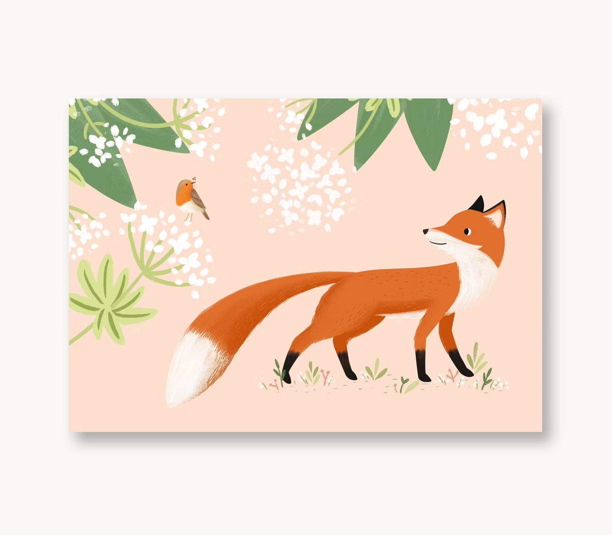 Postkarte Rotkehlchen und Fuchs