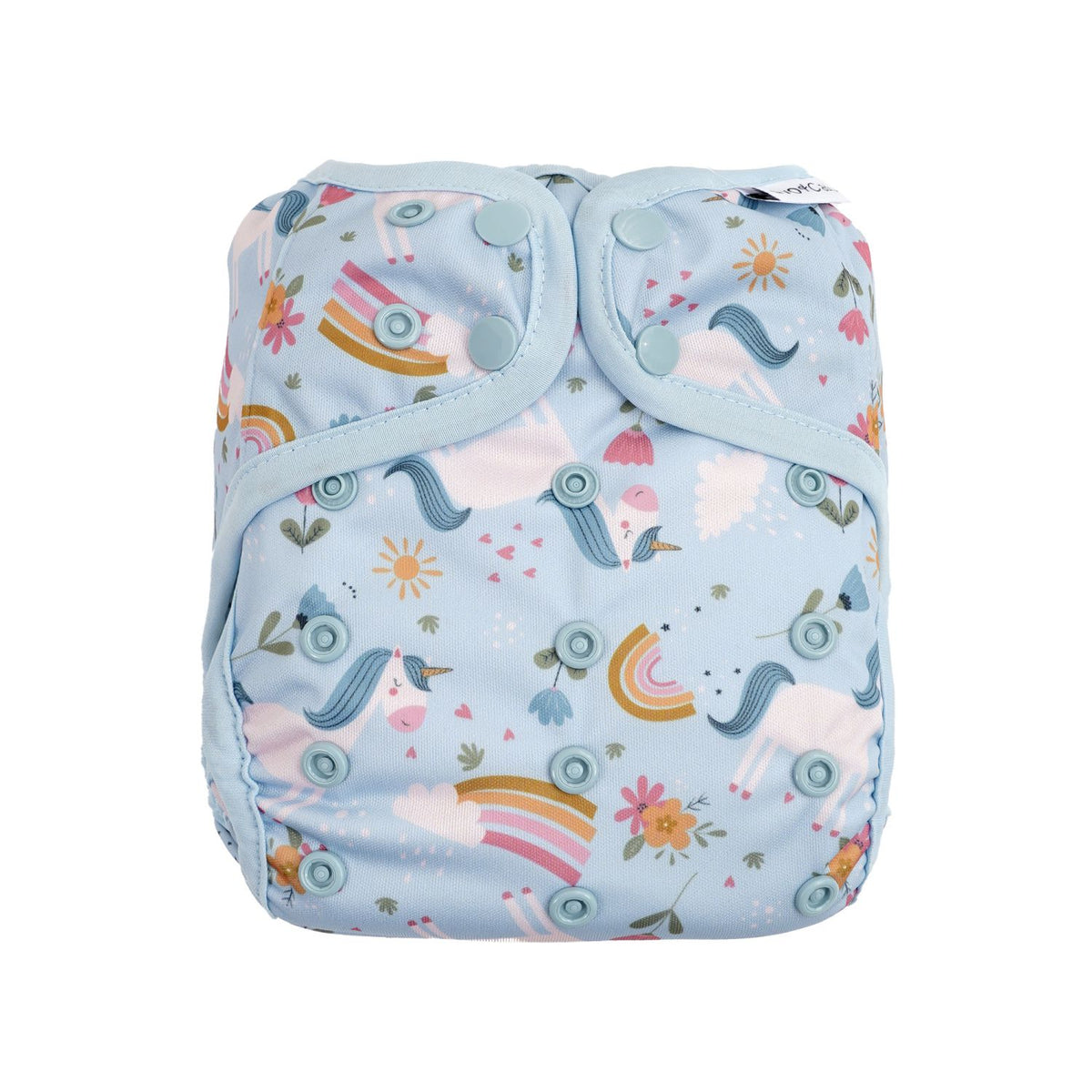 Avo&Cado Explorer PUL-Überhose OneSize im Design Einhorn mit hellblauen Druckknöpfen und farblich passender Randeinfassung.