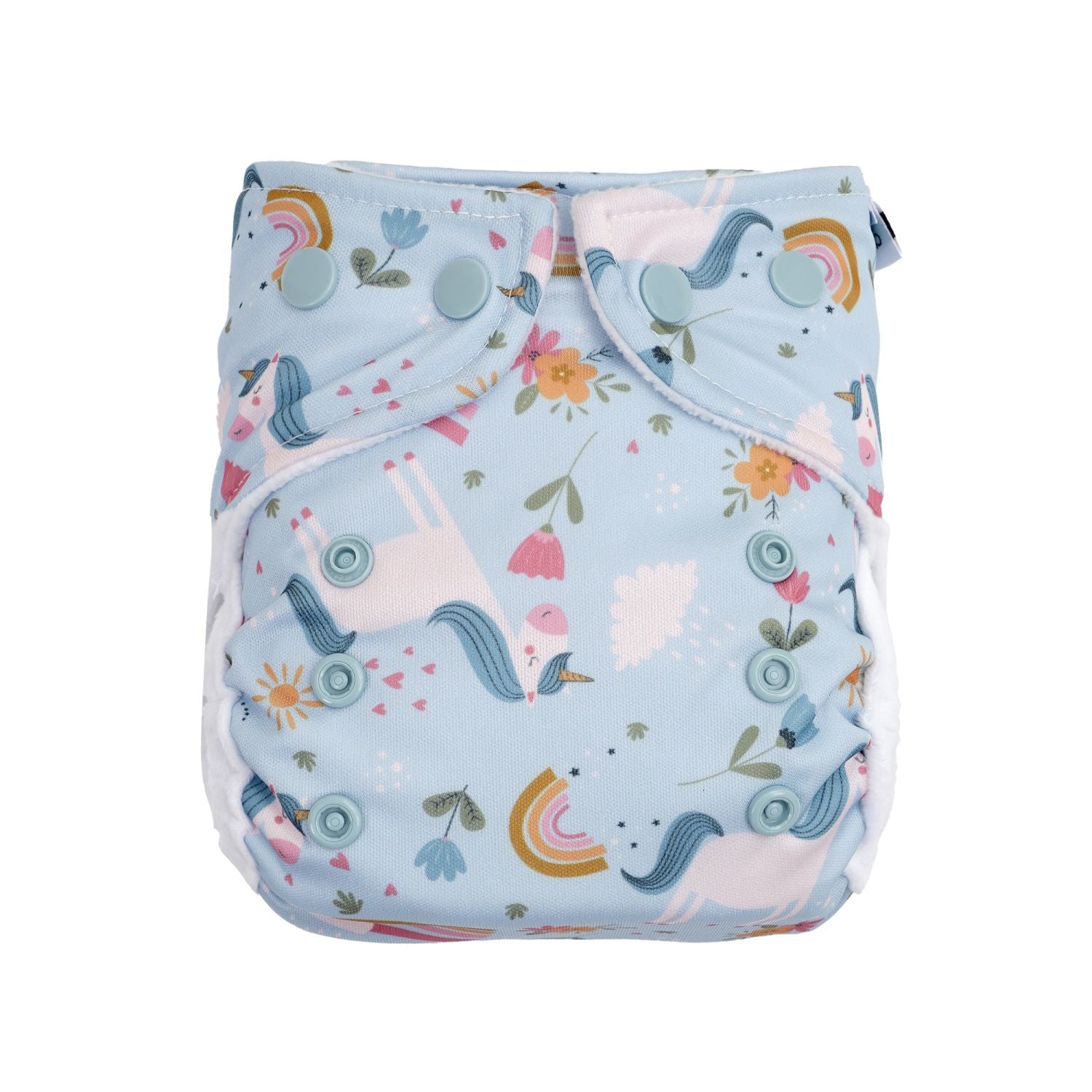 Avo&Cado Cosy PUL-Überhose Newborn im Design Einhorn mit hellblauen Druckknöpfen und weichem Fleecerand.