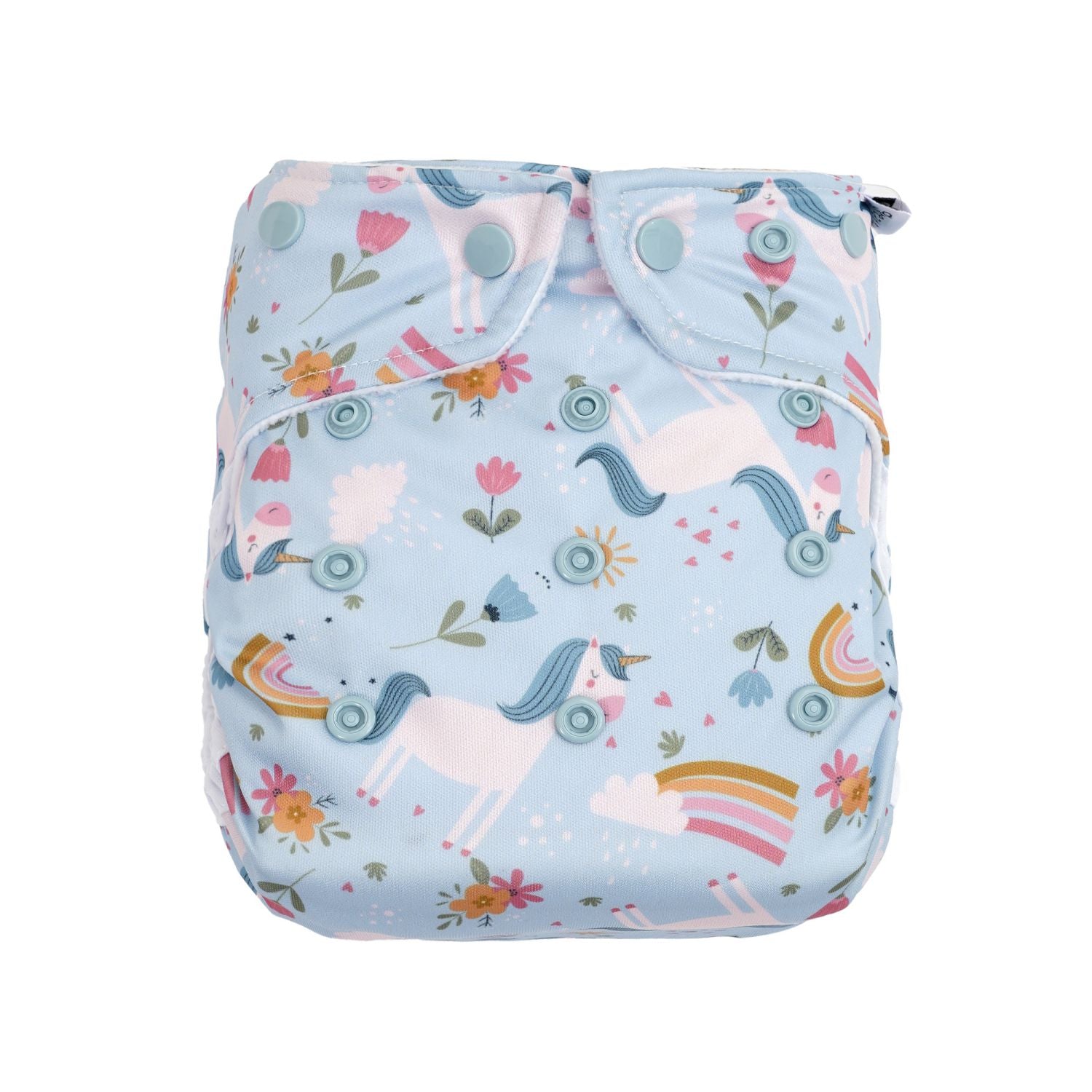 Avo&Cado mitwachsende Stoffwindel-Überhose Cosy Einhorn aus PUL mit blauen Snaps zur Größenanpassung.