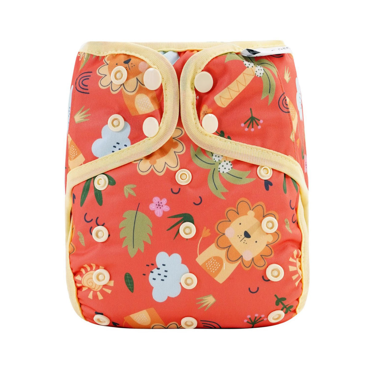 Mitwachsende Avo&Cado PUL-Überhose OneSize Explorer im Design Löwen. Warmes, rötliches Orange bedruckt mit niedlichen Comic-Löwen, Dschungelblättern, Blumen, Wolken und Regenbögen.