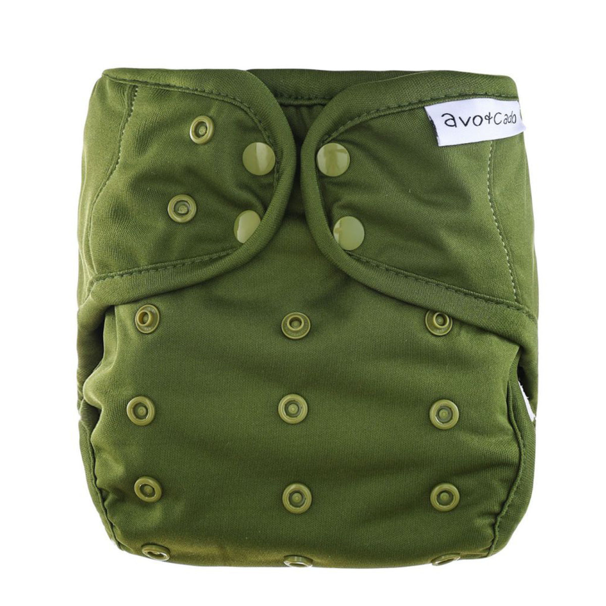 Avo&Cado Explorer PUL-Überhose OneSize in Moss mit farblich passenden oliven Druckknöpfen und Randeinfassung.