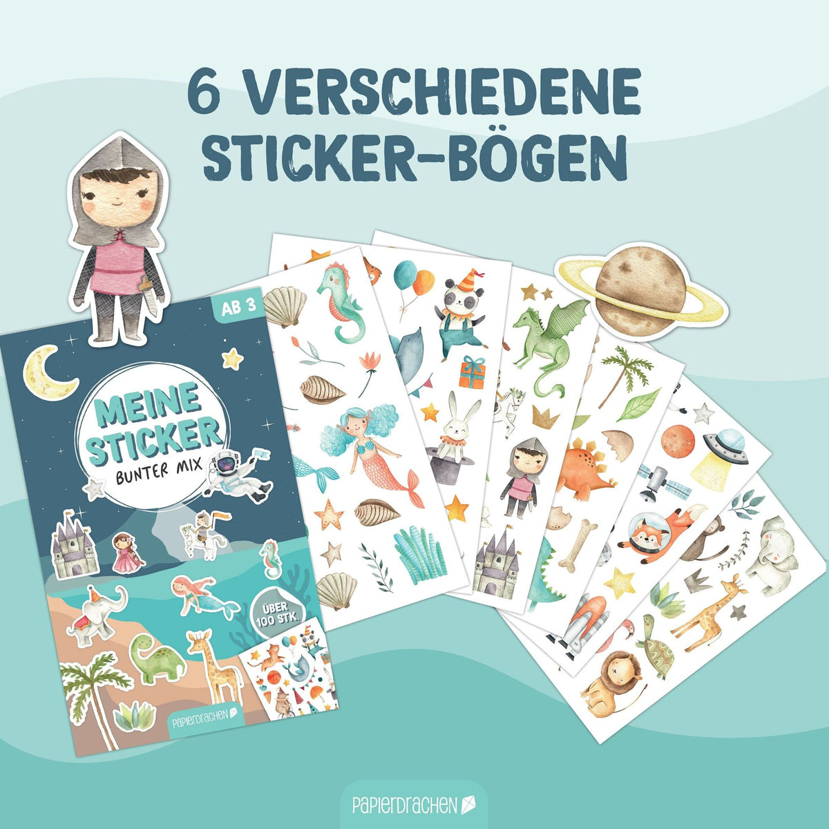 Papierdrachen Stickerblock 6 Bögen Bunter Mix