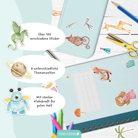 Papierdrachen Stickerblock 6 Bögen Bunter Mix