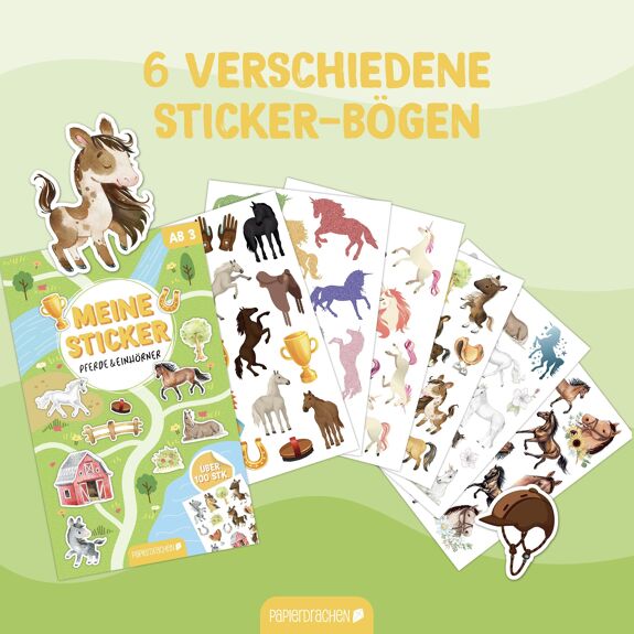 Papierdrachen Stickerblock 6 Bögen Pferde & Einhörner