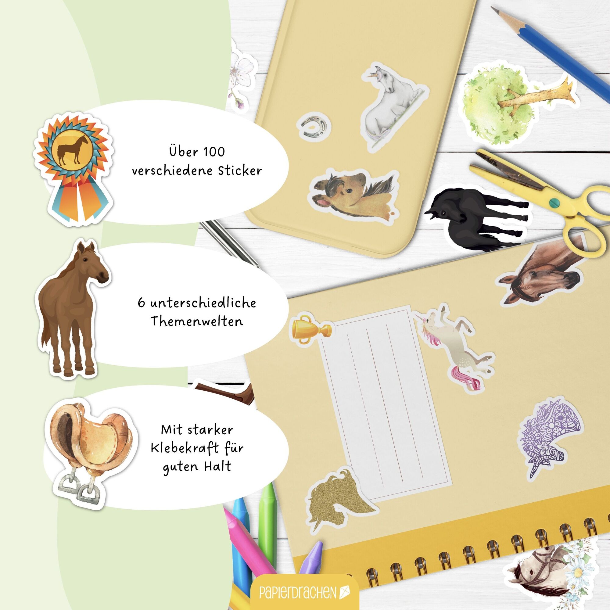 Papierdrachen Stickerblock 6 Bögen Pferde & Einhörner