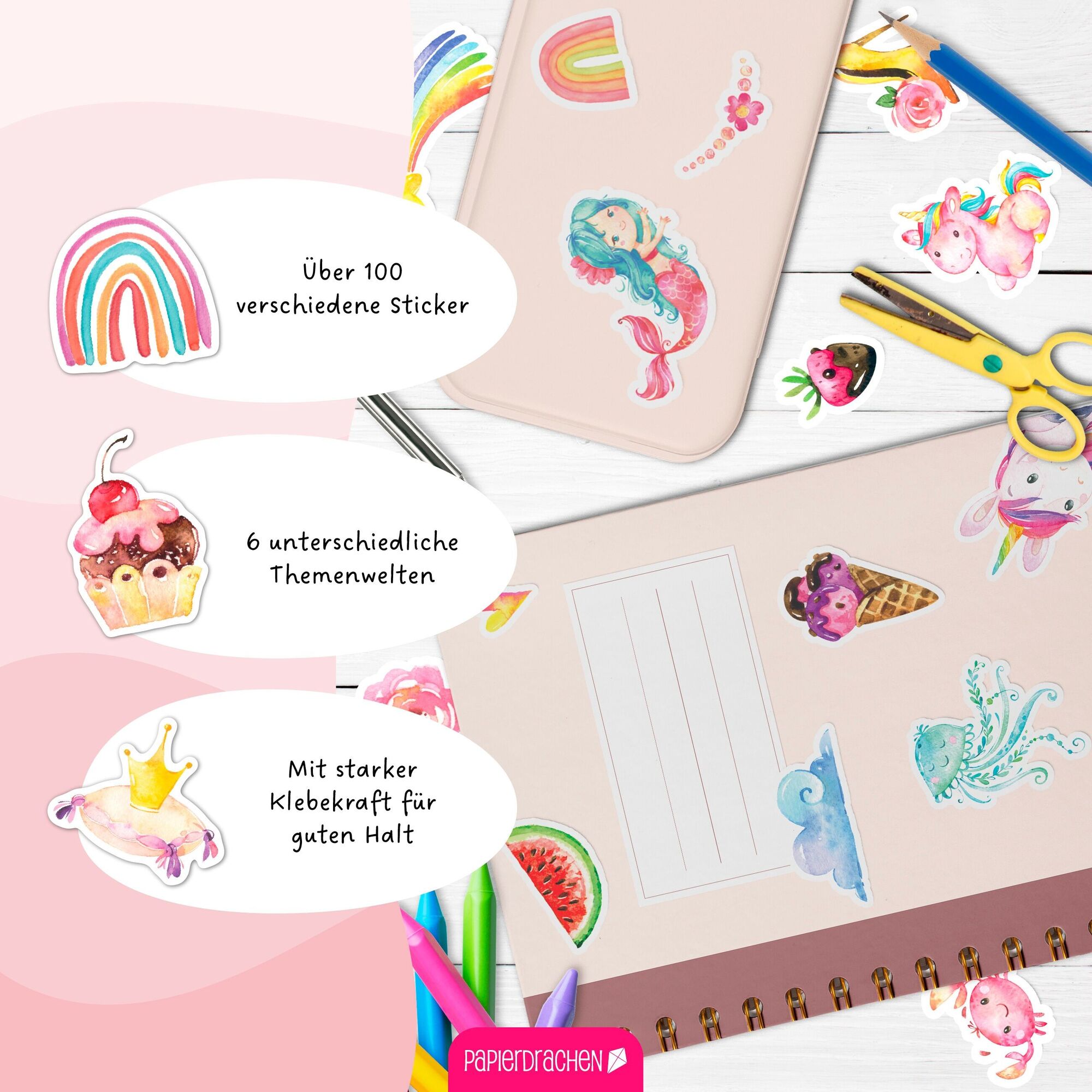 Papierdrachen Stickerblock 6 Bögen Einhorn, Prinzessin & Meerjungfrau