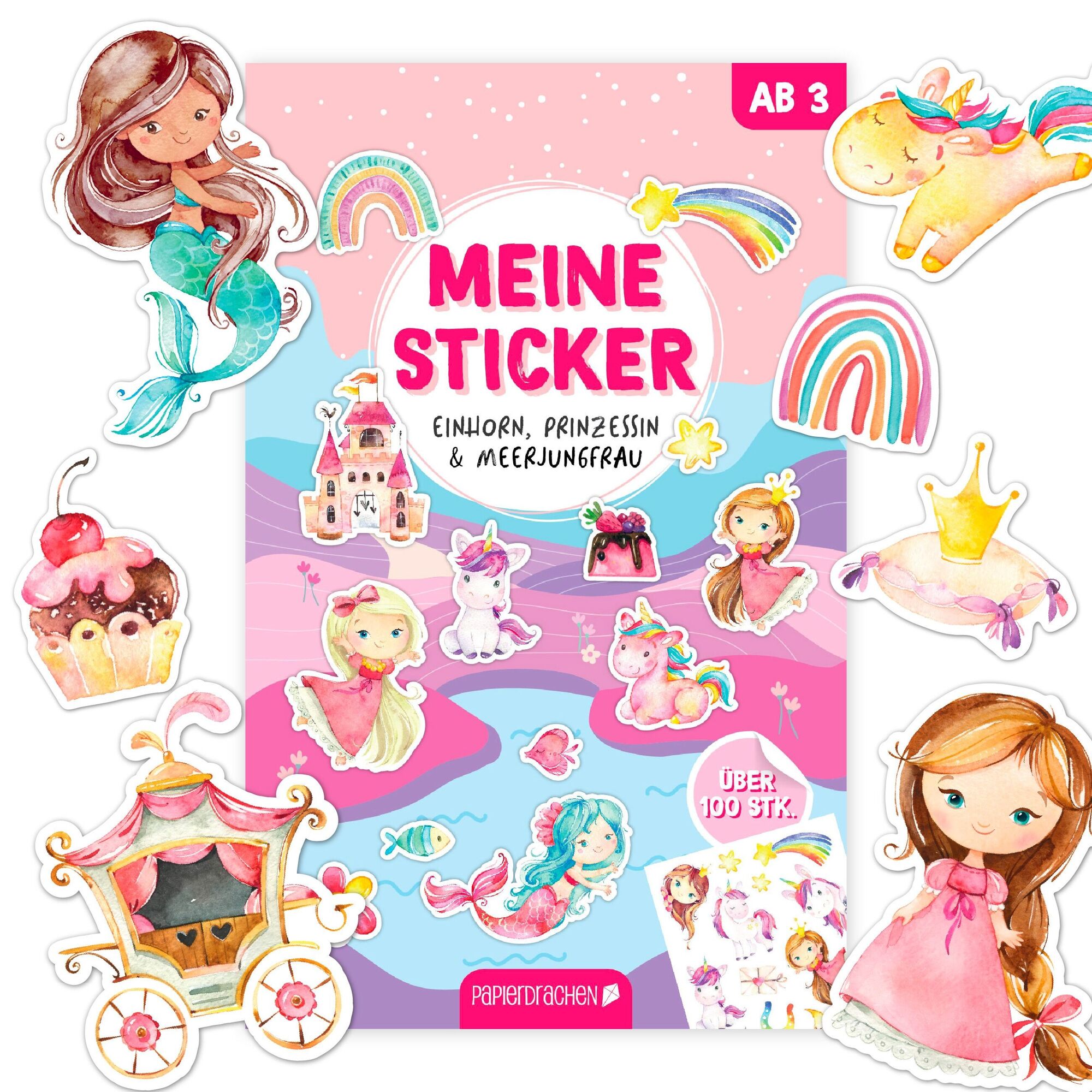 Papierdrachen Stickerblock 6 Bögen Einhorn, Prinzessin & Meerjungfrau