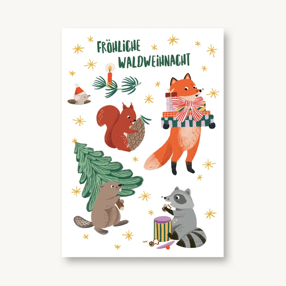 VIERUNDFÜNFZIG Postkarte zu Weihnachten Fröhliche Waldweihnacht