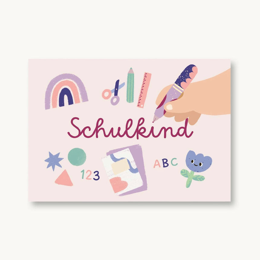 VIERUNDFÜNFZIG Postkarte Schulkind Blume