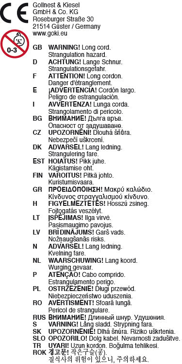 Warnhinweis - Nicht für Kinder unter 36 Monaten, Achtung! Lange Schnur. Strangulationsgefahr.